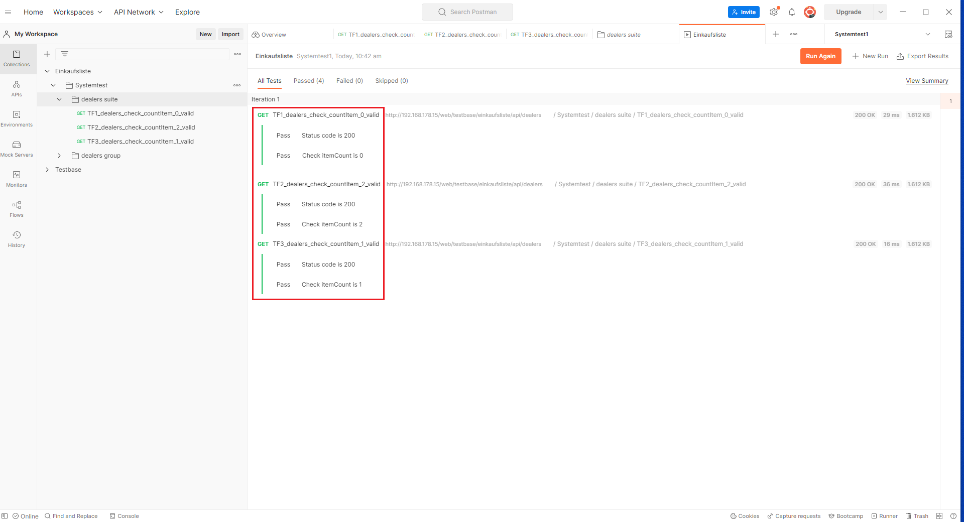 Postmen Test Runner mit 3 ausgeführten Testfällen